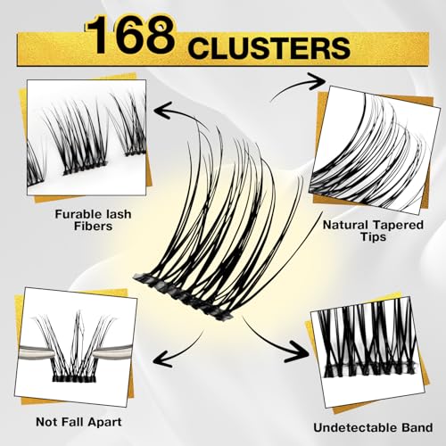 Lash Clusters Refill - 168pcs Wispy Fluffy D Curl Eyelash Extensions, Natural Fake Lashes, Cat Eye Individual Clusters for DIY Lash Extension Kit, Reusable & Lightweight