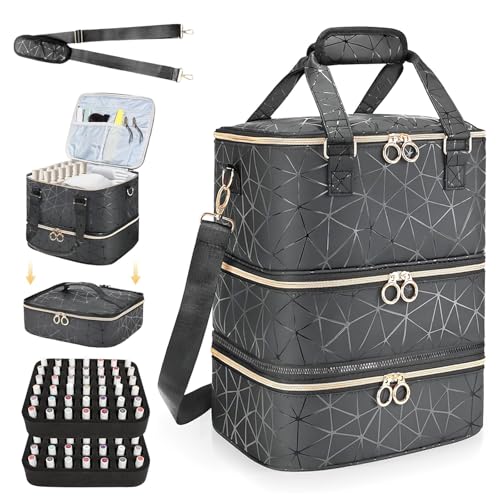 Nail Polish Organizer Bag, 3 Layers Detachable Nail Organizers and Storage, Nail Supplies Organizer, Travel Makeup Bag, Pu Leather Nail Polish Holder Carrying Case Box Holds 84 Bottles & nails Lamp