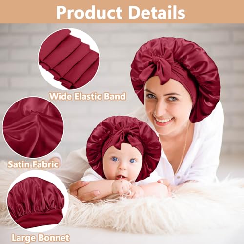 2 PCS Mommy and Me Bonnet Set,Silk Bonnet for Kids and Women,Satin Bonnets for Sleeping with Elastic Tie Band,Adjustable Hair Bonnets for Women Girl Kids Toddler Sleeping Caps(Red)