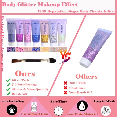 Body Glitter Face Glitter Gel: Singer Concerts Disco Festival Rave Accessories Face Glitter Makeup Chunky Sequins Mermaid Face Body Hair Glitter Gel (White&Silver&Pink&Gold&Blue&Purple&Rose)
