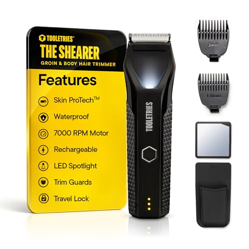 TOOLETRIES The Shearer - Groin & Body Hair Trimmer for Men, Electric Shaver for Pubic Hair, Balls, Groin, Chest, Legs, Waterproof Wet/Dry Clippers, Rechargeable, Bonus Shower Kit - Black