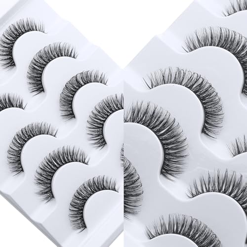 DSLONG 5 Pairs Natural Look D Curl Eyelashes With 18PCS Self Adhesive Eyelashes Strips, Manga Lashes Fluffy Cat Eye Lashes Looks Like Eyelash Extensions (D Curl)