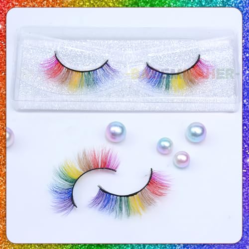 2Pairs Rainbow Eyelashes Colored Lashes Cateye Eyelashes Fluffy Wispy Fake Lashes 3D Natural Look Synthetic Eye Lashes Extension for LGBT Gay Pride Day Halloween Cosplay Party Makeup Tools