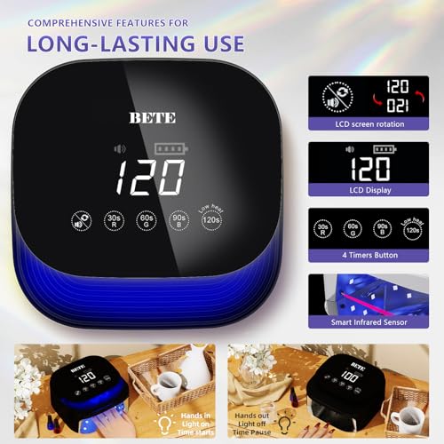 BETE 60W Cordless UV LED Nail Lamp - Rechargeable Gel Polish Dryer with Auto Sensor, 30 Beads & 4 Timer Settings Portable for Home/Salon Black