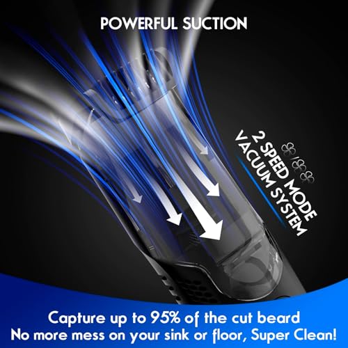 Vacuum Beard Trimmer for Men Rechargeable, IPX6 Waterproof Mustache Trimmer with Adjustable Length Combs (1/25¡¯¡¯-4/5¡¯¡¯), Men¡¯s Electric Stubble Trimmer, Cordless with Built-in Vacuum (Black)
