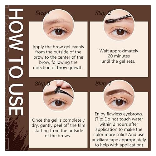 Peel Off Eyebrow Tint Gel, Semi-Permanent Color Brow Dye, Waterproof Long-Lasting Tattoo Eyebrow Gel for Fuller Defined Brows Makeup, Smudge-Proof, Easy Peel, Lasts Up To 3 Days (Light brown)