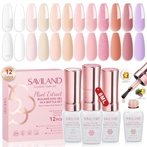 SAVILAND Gel Builder Set: 12 Translucent Colors Castor Oil Builder in a Bottle Vitamin E Hard Gel for Nails Extension Strengthener as Gifts for Women Home DIY Salon Nail Care Repair