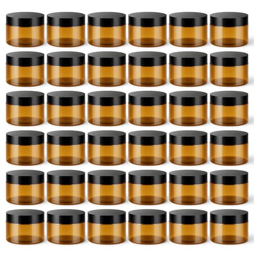 36 Pack 4 OZ Plastic Jars with Lids, BPA Free, Reusable, Refillable Transparent Cosmetic Containers for Bath Salts, Cosmetics, Powders, Beauty Product and Small Accessories, Brown