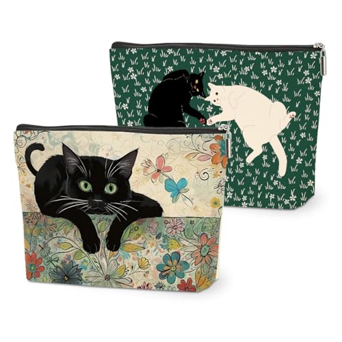 DETIGER 2 PCs Floral Cat Makeup Bag Cat Lover Gifts Cat Gifts Cosmetic Bag, Cat Mom Gifts Cat Themed Gifts for Women Best Friends Coworkers, Cute Cat Stuff Christmas birthday Gifts Zipper Pouch