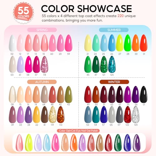 Peacecolor 83Pcs Gel Nail Polish Kit with U V Light and Drill, 56 Colors All Seasons Soak Off Gel Polish Set Cat Eye Gel with Matte/Glossy Glitter Base Top Coat Manicure Nail Kit Gifts for Women Girls