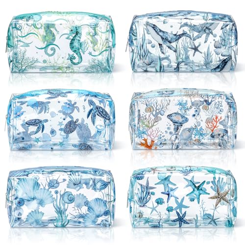 Kacctyen 6 Pcs Clear Makeup Bag Waterproof travel Cosmetic Thickened PVC Toiletry Beach Theme with Whale Starfish Turtle Ocean Sea Animals Print Beauty Cosmetic Makeup Bag Gifts
