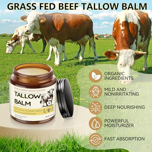 Veakoo Beef Tallow for Skin, 2 Pcs Grass Fed Tallow and Honey Balm, Organic Tallow Face Moisturizer, Natural Moisturizing Cream for Women Men, Body Butter, Nourish and Soothe Dry Skin