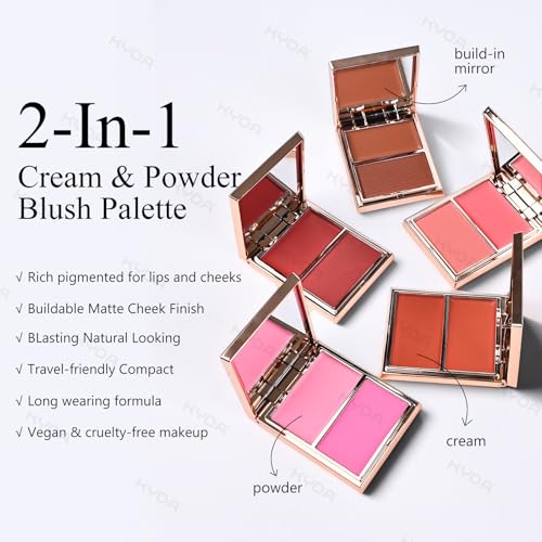 KYDA 2 Colors Blush Palette, 2-In-1 Cream and Powder Blush Makeup for Cheeks, High Pigmented Waterproof Face Cheek Blusher, Natural Contour Palette Powder, 04