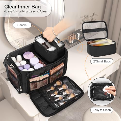 TANTO Large Makeup Bag, Makeup Artist Bag Professional Cosmetic Bags with 2 Pouches & Detachable Dividers Travel Makeup Train Case Portable Makeup Brush Bag Organizer Storage with Shoulder Strap