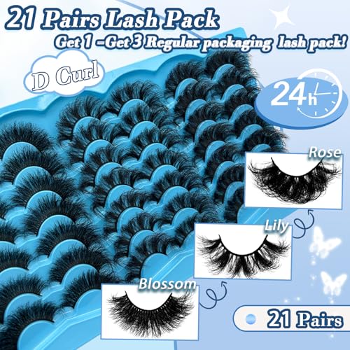 21 Pairs False Eyelashes 3 Styles Mixed Strip Lashes 18-25mm Fluffy Eyelashes Pack 8D Volume Super Soft Faux Mink Lashes D Curl Eyelashes