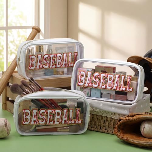 6 Pcs Baseball Clear Cosmetic Makeup Bag with Chenille Letter Patch Sport Goodie Clear PVC Pouch Organizer Waterproof Travel Toiletry Bags for Sports Theme Birthday Party Supplies
