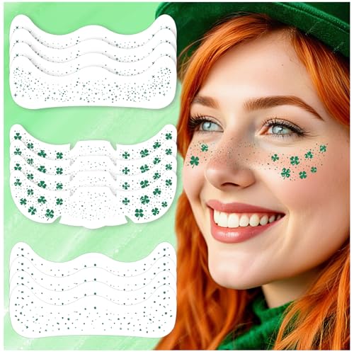 12 Sheets St Patricks Day Face Tattoos Stickers Glitter Green Shamrock Freckles Temporary Tattoo for Body Saint Patrick Day Clover Face Sparkle Makeup Accessories for Women Irish Party(face12)