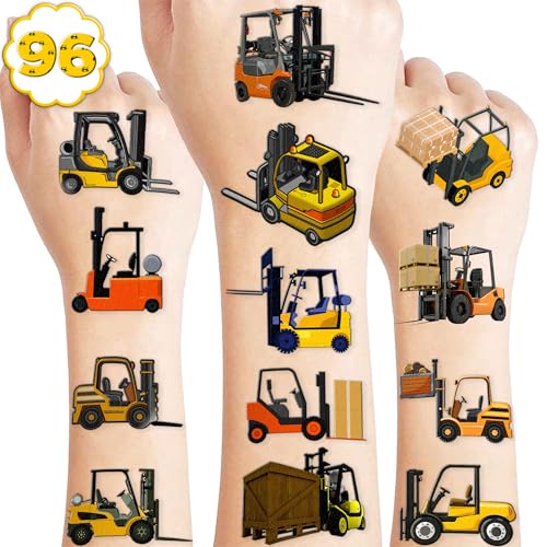 100 PCS Forklift Construction Temporary Tattoos Themed Birthday Party Supplies Decorations Favors Decor Dump Truck Crane Excavator Tattoo Stickers Gifts For Game Boys Girls Classroom School Prizes