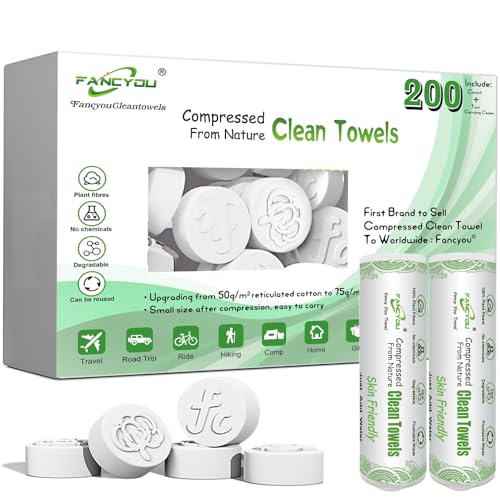 Compressed Towel Tablets 200 Count, Thicken Disposable Face Towel with 2 Carry Cases, Biodegradable & Compact, Cotton Clean Face Towels for Outdoor Camping Hiking Travel Gym BBQ Home