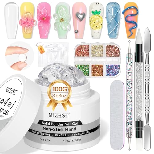 MIZHSE 100g Solid Builder Gel for Nails, Large Capacity Clear Hard Gel 3D Sculpting for Nail Art U V LED Builder Kit with 3D Silicone Pen, for Salon Home DIY