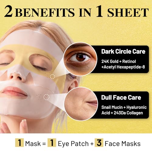 Collagen Face Mask with 24K Gold & Snail Mucin, Extra Eye Care Hydrogel Mask for Age-Defying & Skin Glowing, Overnight Elasticity Repair, 37g x 4 Sheets