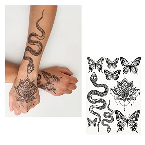 Temporary Tattoo for Adult Women - 3 Sheets - Black Big Moth Snakes Lotus Beetle Scorpion Dragonfly Bee Insect Koi Fish Skulls Love Kanji Sleeve Words Adults Tattoos