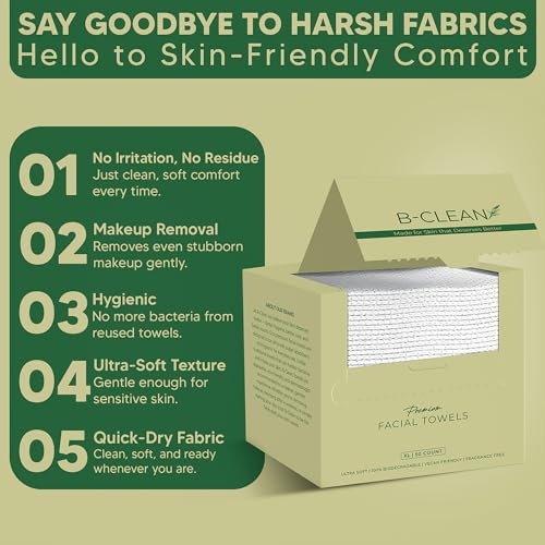 B-Clean Premium Facial Towels - Extra Soft, Tear -Resistant, Lint Free, Disposable, Vegan, Fragrance-Free Hygienic Skincare Towels for Daily Cleansing and Makeup Remover Dry Wipes (50 Count Pack of 4)
