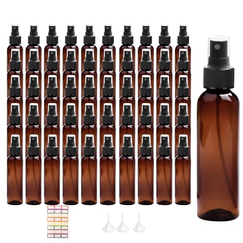 50 Pack 2oz Amber Spray Bottles Plastic, Fine Mist Small Spray Bottles Bulk, Empty Plastic Amber Sprays Bottle Reusable for Cosmetic with 3 Funnel, 10 Labels