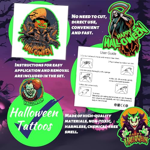 winthrop 100 Pcs Luminous Halloween Temporary Tattoos for Kids, Individually Wrapped Glow In the Dark Waterproof Large Size Tattoos,Trick or Treat, Best Choice for Halloween Candy Bag, 25 Designs