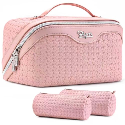 BOYATU Travel Makeup Bag Cosmetic Bags for Women: Large Capacity 3 Pcs Set Make up Bag with Compartments - Waterproof Vegan Leather Toiletry Organizer Bags with Handle (L17 Pink)