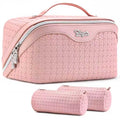BOYATU Travel Makeup Bag Cosmetic Bags for Women: Large Capacity 3 Pcs Set Make up Bag with Compartments - Waterproof Vegan Leather Toiletry Organizer Bags with Handle (L17 Pink)