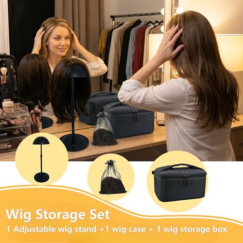 Professional Wig Travel Box Set ? Includes Collapsible Wig Stand & Storage Bag ? Dustproof Makeup Organizer Case for Wigs, Extensions & Hair Styling Tools