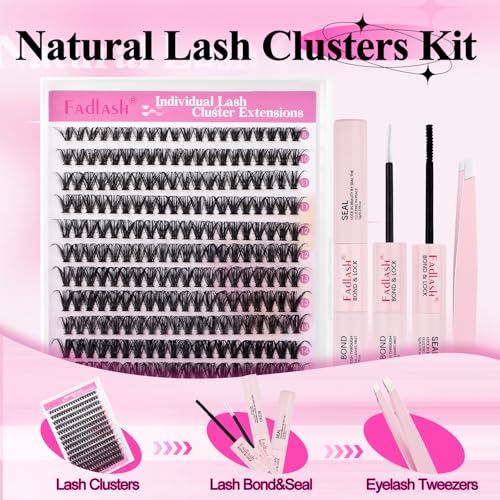 FADLASH Lash Clusters Kit 280PCS Individual Eyelash Clusters D Curl 8-16mm Eyelash Extension Kit with Lash Bond and Seal Lash Tweezer for Beginners (40D-0.07D-8-16mm KIT)