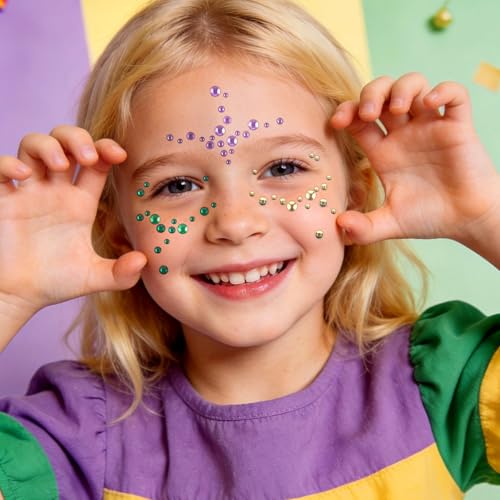 Mardi Gras Face Gems Self-Adhesive Face Jewels Stickers for Makeup, Green Purple Gold Festival Glitter for Mardi Gras Rave Accessories Hair Gems, Rhinestone Stickers for Face, Eye, Makeup, Body