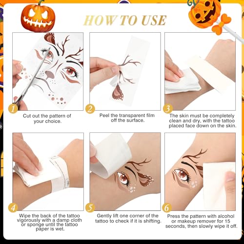 HOWAF 6 Sheets Halloween Deer Full Face Tattoos, Reindeer Face Stickers for Adults Man or Women Halloween Deer Costume Accessories, Elk Face Decals Fawn Horn Temporary Tattoos