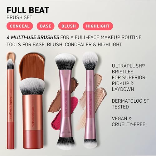 Real Techniques Full Beat Makeup Brush Set, 4 Piece Brush Kit for Foundation, Concealer, Blush, Contour, Highlight & Powder Blending, Travel Set, Soft UltraPlush Bristles, Cruelty-Free