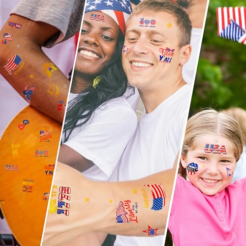 94 PCS 6 Sheets 4th of July Temporary Tattoo Set, Independence Day Body Stickers, Patriotic Parade Party Accessories, Long Lasting Tattoo Stickers for Kids Adults, Red White and Blue Accessories