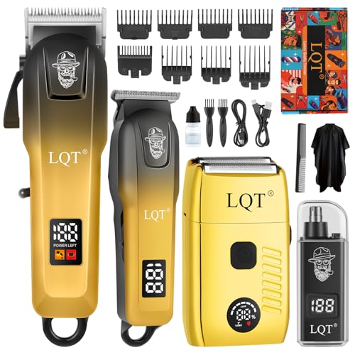 Hair Clippers for Men, with LED Display 4-Piece Cordless Hair Clippers, Beard Trimmer, Foil Shaver & Nose Trimmer, Complete Rechargeable Set for Home Barber Use (Black Gold)