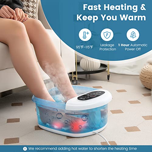 COSTWAY Foot Spa Bath Massager, with Heat, Bubbles & Vibration Mode, 12 Rollers & Pedicure Stone, Mini Acupressure Massage Points, Digital Temperature Control (Blue)