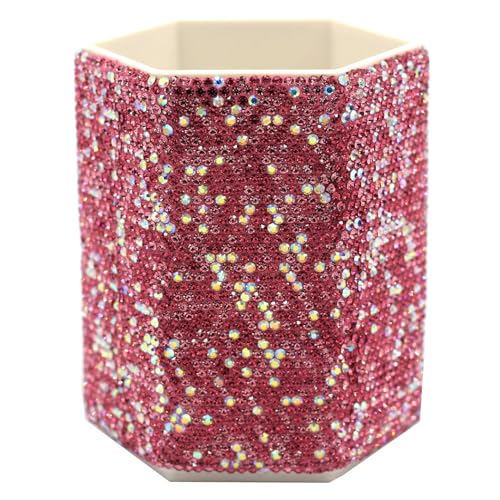 Luxury Crystal Rhinestone Pen Holder Makeup Brush Organizer - Sparkling and Fashionable Desk Organizer for Bling Lovers (Pink)