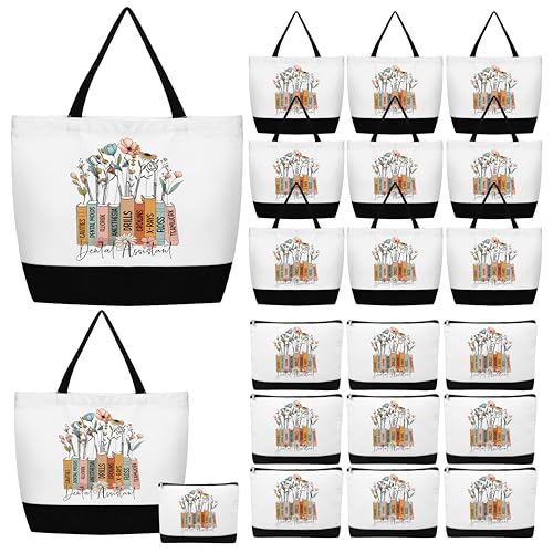 Hillban 5 Sets/10 Sets Dental Assistant Gifts Bulk Canvas Reusable Grocery Tote Bags Cosmetic Bags with Zipper for Women(5 Sets)
