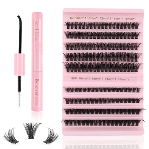 Eyelash Extension Kit 167pcs DIY Individual Eyelashes Kit Cluster Lashes D Curl 8-16mm Lash Extension Kit with Lash Bond Lash Remover Lash Kit Set(60D+80D-8-16Mix Kit)