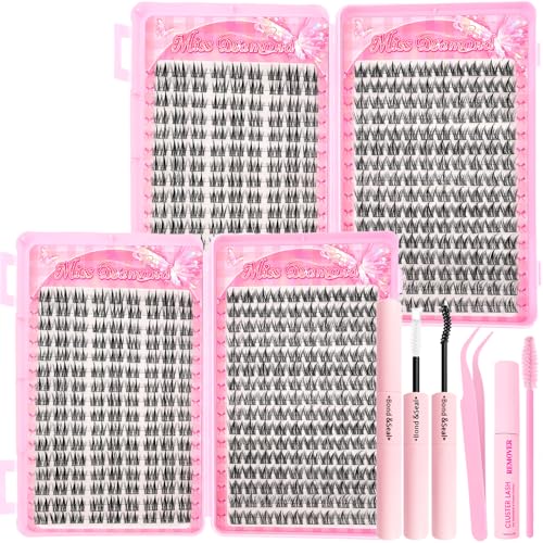 Lash Clusters Kit 608pcs, Natural Wispy DIY Eyelash Lashes Clusters Manga Extensions Kit, Spiky Lash Clusters D Curl with Lash Glue Brush Tweezer Remover