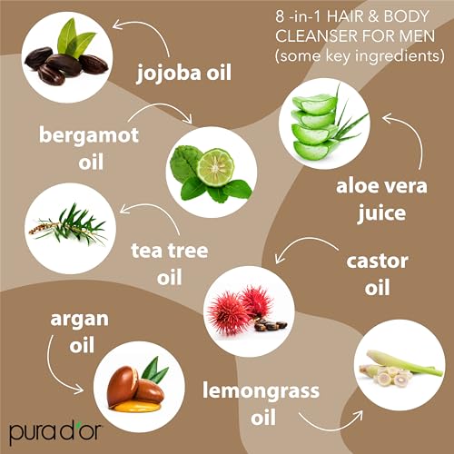 PURA D'OR 24 Oz 8-in-1 Hair & Body Cleanser For Men ? Sulfate-Free, Multi-Use Wash for Hair, Face, Beard & Body, with Organic Aloe Vera, Cedarwood & Lemongrass, Energizing & Deodorizing Formula