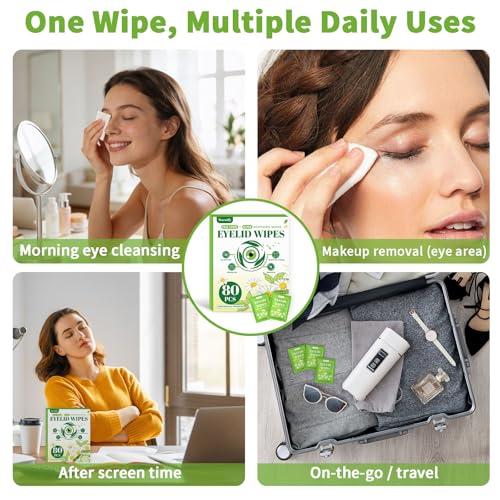 80 Pcs Eyelid Wipes with Tea Tree Oil, Individually Wrapped Eye Lid Cleansing Wipes for Sensitive Eyes, Alcohol-Free Daily Eyelid Cleanser & Gentle Eye Care