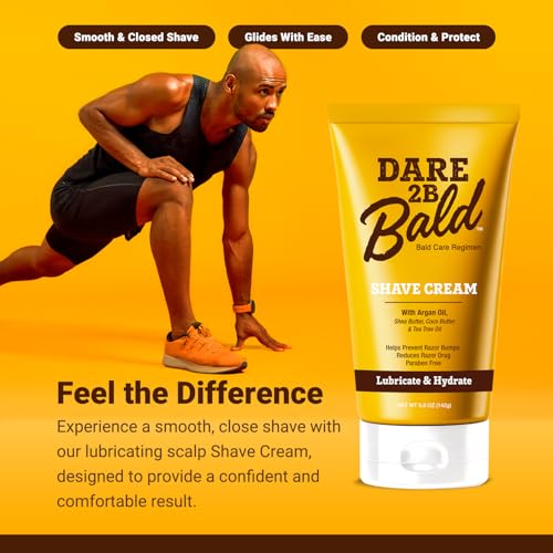 Dare 2B Bald Shaving Cream Sensitive Skin for Men | Natural Shaving Cream with Argan Oil, Shea Butter, Cocoa Butter & Tea Tree Oil | Bald Head Shave Lotion | Rich Hydration and Moisture - 5.0 OZ