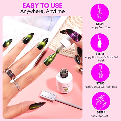 Makartt 9D Magnetic Cat Eye Gel Nail Polish Set, 6 Colors (Yellow, Purple, Silver, Rose Red, Green, Black Hole Effect) with Magnet Stick, 8ml ? Soak Off DIY Manicure & Nail Art Supplies