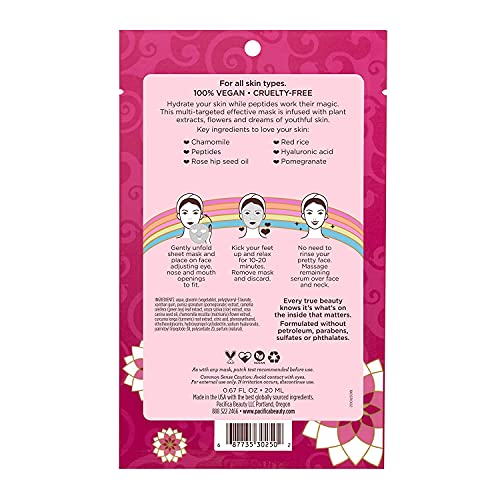 Pacifica Beauty Disobey Time Peptide Hydrating Facial Sheet Mask | For All Skin Types | 1 Count | Hyaluronic Acid, Rose + Peptides | 100% Cotton Mask | Moisturizing + Calming | Vegan + Cruelty Free