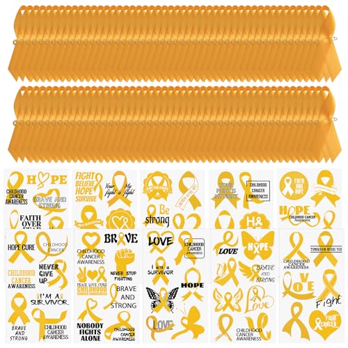 WANDIC Gold Ribbon Awareness Kit, 100PCS Ribbon Pins 10 Sheets Temporary Tattoo for Childhood Cancer for Public Benefit Activities