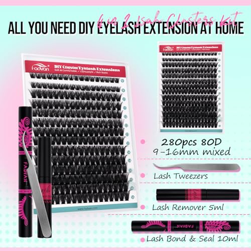 Wispy Lash Extension Kit 238Pcs Lash Clusters Kit Eyelash Extensions 9-16MM Individual Lashes Extensions with Bond and Seal Remover Tweezers DIY at Home by FADVAN (80D, 0.07D, 9-16mm)